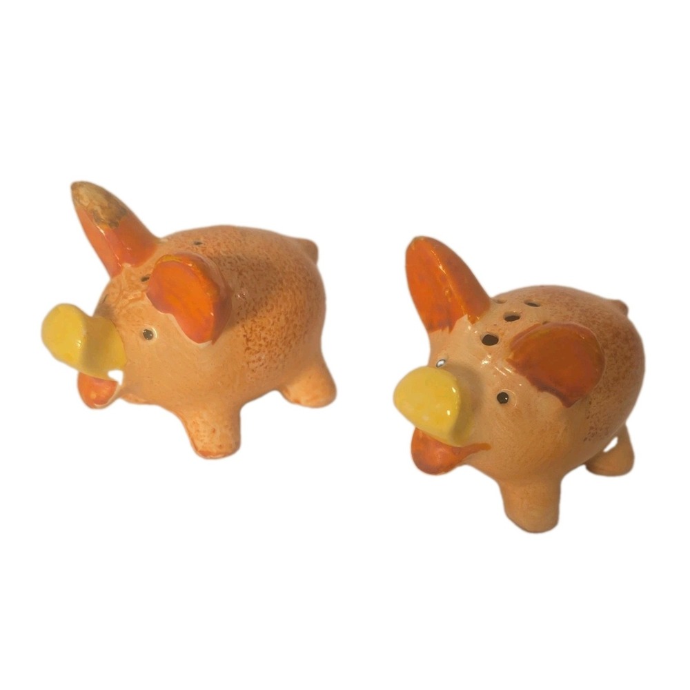 Vintage Ceramic Pig Salt Pepper Shakers Set Orange Yellow Made in Occupied Japan